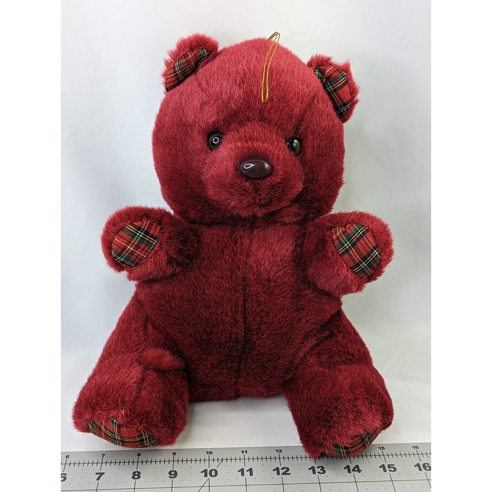 Goffa Maroon Bear Plush Christmas Plaid Ears Paws 12 Inch Stuffed Animal Toy